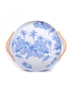Blue printed serving tray - with wooden handle