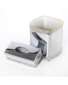 Chrome trash can + tissue box set