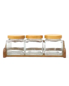 A set of spice boxes with a wooden stand