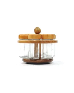 A set of spice boxes with a wooden stand