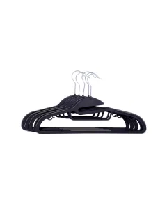A set of 5 black plastic clothes hangers