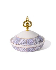 date bowl amid a blue inscription with a cover