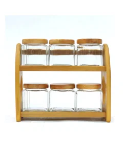 A set of spice boxes with a wooden stand