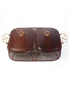 Porcelain serving tray with wooden decor, two pieces