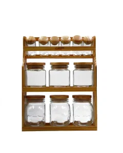 A set of spices cans with a wooden stand