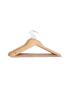 A set of 5 beige wooden clothes hangers
