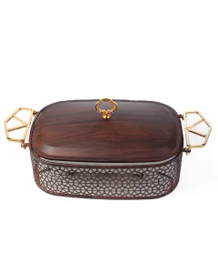 Porcelain serving tray with small wooden decor