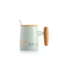 Ceramic cup with a wooden cover and a spoon