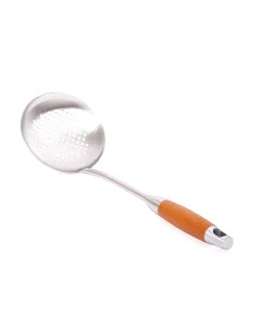Spoon for filtering food from oil with a wooden handle