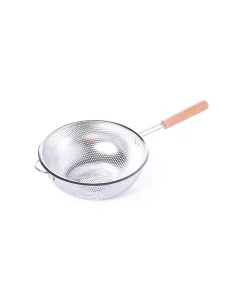 Steel strainer with medium wooden handle