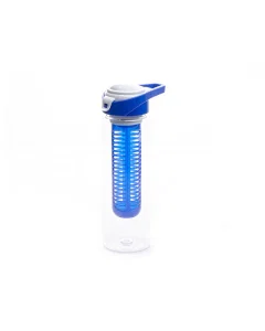 Blue water bottle with plastic cap and strainer
