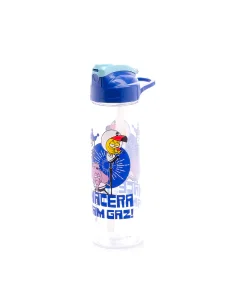 A plastic water bottle decorated with a blue straw