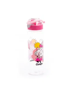 Water bottle decorated with a pink plastic cap