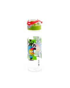 A water bottle decorated with a green plastic cap