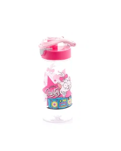 Water bottle decorated with a pink plastic cap