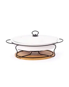 Round white heater with a wooden base, size 14.5