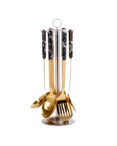 Flatware Set 7 Pieces Gold With Black Marble Handle