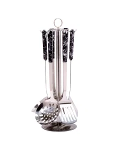 Flatware Set 7 Pieces Silver With Black Marble Handle