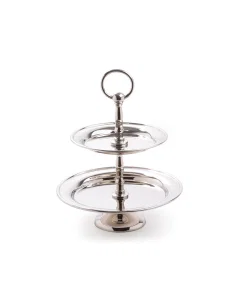 A silver circular serving scarf in the middle of two floors