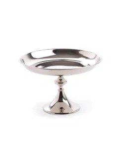 A large silver circular serving scarf with a base