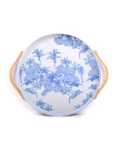 Blue printed serving tray - with wooden handle