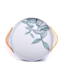 Serving tray with green designs - with wooden handle