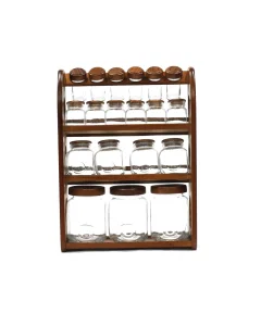 A set of spice boxes with a wooden stand